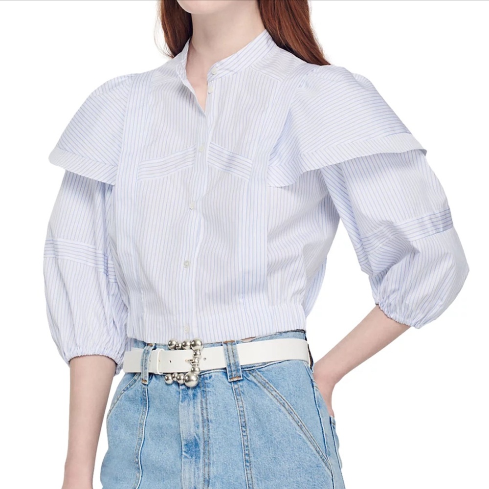 Sandro Yzeure Blue + White Cotton Striped Ruffled Cropped Shirt Size 4, Preppy - Picture 12 of 14